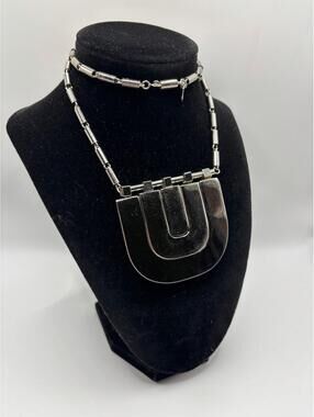 Vintage Lanvin Paris U-Shaped Pendant Silver Tone Statement Necklace